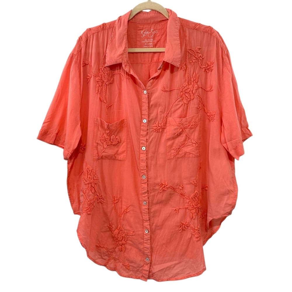 Kyla Seo XL Coral pink Floral Embroidered Oversized Button Front Cotton Top